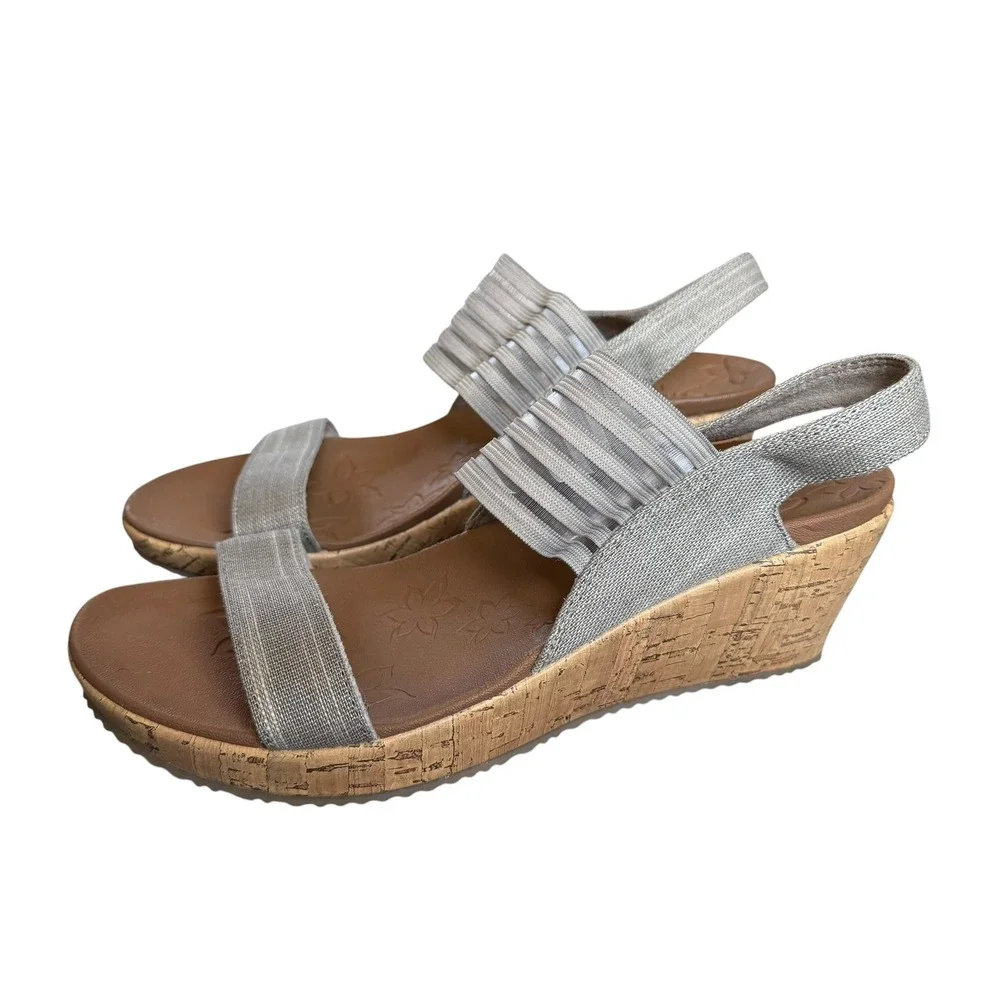 Skechers Luxe Foam Wedge Sandals Womens 10 Taupe Silver Stretch Slingback 31597